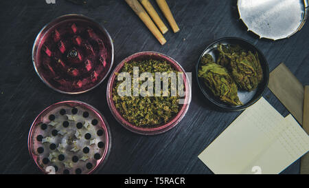 Grinder, lighter and smoking paper for cannabis medical use. Healthcare and  THC. Marijuana treatment of anxiety. Copy space near weed jar Stock Photo -  Alamy