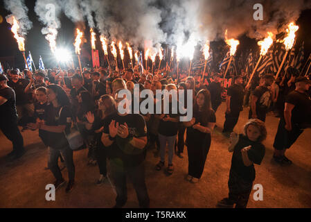 Thermopylae, Greece. 3rd Sep 2016. Golden Dawn supporters hold lighted torches  in front of King Leonidas monument in a rally to honor the fallen of the battle of Thermopylae in Thermopylae, Greece. Credit: Nicolas Koutsokostas/Alamy Stock Photo. Stock Photo