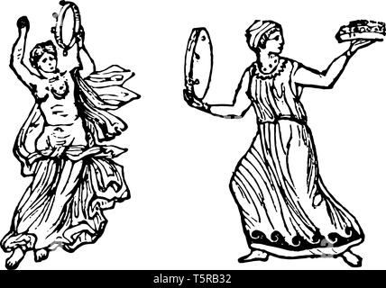 In this image there are two people together with the drum. Both people are dancing, vintage line drawing or engraving illustration. Stock Vector