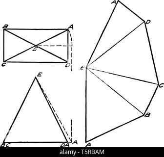 The image shows that the rectangular pyramid was unfolded making the edges square with the length to the base and they were at point E, vintage line d Stock Vector