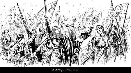 This image shows the view of the Crusades. There are many villages along with their weapons and flags, vintage line drawing or engraving illustration. Stock Vector