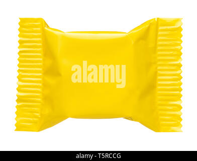 Yellow blank sealed plastic foil pouch food bag snack packaging isolated on white background flat top view Stock Photo