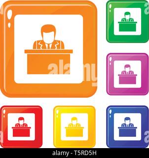 Orator speaking from tribune icons set vector color Stock Vector
