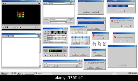 Old user interface. Retro browser windows and error message popup. Mockup of vintage multi media player, voice recorder and dialog box with system inf Stock Vector