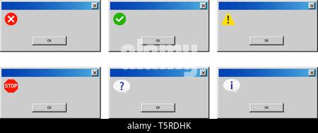 Old dialog window of error alert. Mockup of warning, information, attention and success messages Stock Vector