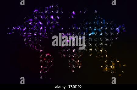 Global big data analysis visualized as glowing dotted world map. Worldwide spreading of contemporary communications and technologies Stock Vector