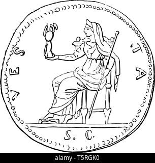 A queen sitting on a chair and holding something with human form in one hand and a rod representing imperial power in another hand, vintage line drawi Stock Vector