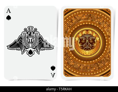 Ace of spades face with warrior helmet between wings and back with golden tile round pattern with face suit. Vector card template Stock Vector