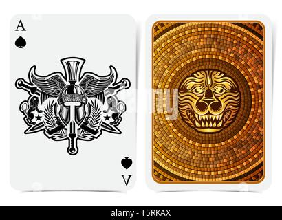 Ace of spades face with warrior helmet between wings, lions, wreath and crossed swords and back with golden tile round pattern with lion face suit. Ve Stock Vector