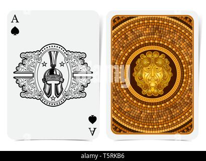Ace of spades face with warrior helmet inside oval frame with curly pattern and back with golden tile round pattern with face suit. Vector card templa Stock Vector