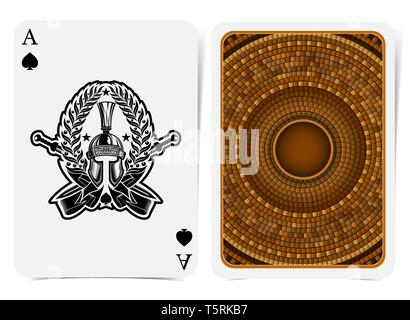 Ace of spades face with warrior helmet inside wreath with ribbon and swords and back with golden tile round pattern suit. Vector card template Stock Vector