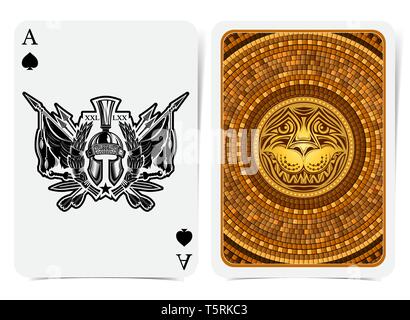 Ace of spades face with warrior helmet inside wreath, between vintage weapons and back with golden tile round pattern with lion face suit. Vector card Stock Vector