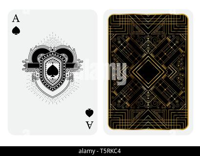 Ace of spades in line style shield face and back with golden art deco gatsby pattern style on black suit. Vector card template Stock Vector