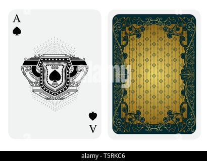 Ace of spades in line style shield face and back with green gold vintage texture suit. Vector card template Stock Vector