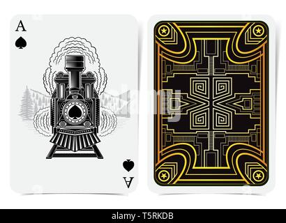 Ace of spades with spades inside vintage train in engraving style and back with golden art deco gatsby pattern style on black suit. Vector card templa Stock Vector