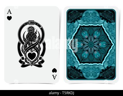 Ace of worms face with thistle plant and worms inside and back with blue floral pattern on dark suit. Vector card template Stock Vector