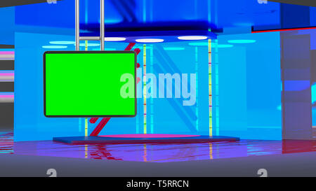 Virtual TV news broadcast studio set background with suspended greenscreen Stock Photo