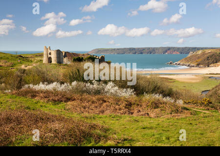 Ruins of Pennard Castle standing above Three Cliffs Bay in spring, Gower Peninsula, Swansea, West Glamorgan, Wales, United Kingdom, Europe Stock Photo