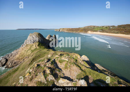 Three Cliffs Bay with coastline looking west at high tide, Gower Peninsula, Swansea, West Glamorgan, Wales, United Kingdom, Europe Stock Photo