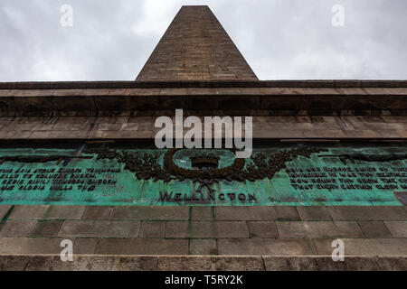 Dublin, Ireland – March 2019. Wellington Monument Imposing 62m obelisk built to commemorate victories of Arthur Wellesley, 1st Duke of Wellington. in  Stock Photo