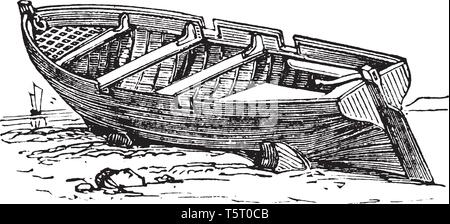 Row Boat which is a small row boat with row locks, vintage line drawing or engraving illustration. Stock Vector