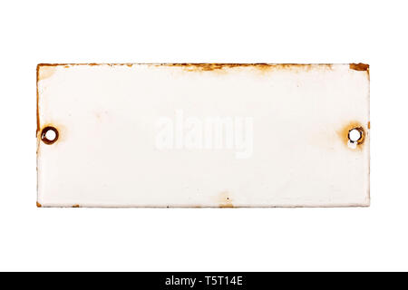 Old and rusty enameled door plate without label, isolated on white background Stock Photo