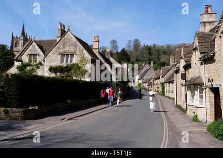 View of The Street and Cotswold stone cottages in Castle Coombe The Cotswolds Wiltshire England Stock Photo