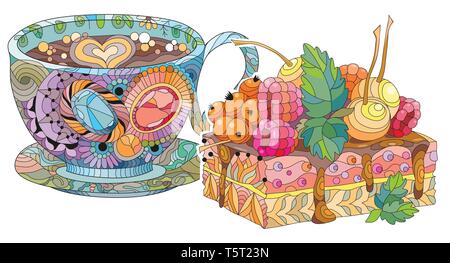 Vector coffee or tea cup with cake and abstract ornaments. Hand drawn illustration for t-shirt decoration Stock Vector