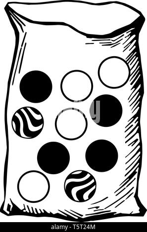 An illustration of bag contains ten marbles of the same size: four are identical white marbles; two are identical striped marbles and four black marbl Stock Vector