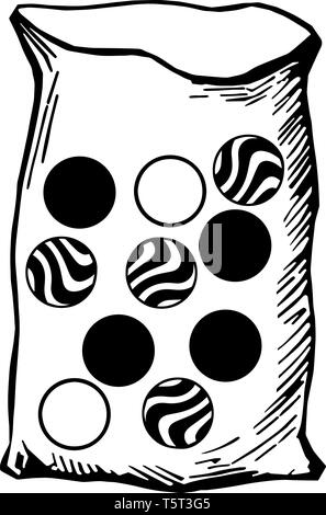 A bag contains ten marbles of the same size: two are identical white marbles; four are identical striped marbles and four black marbles, vintage line  Stock Vector