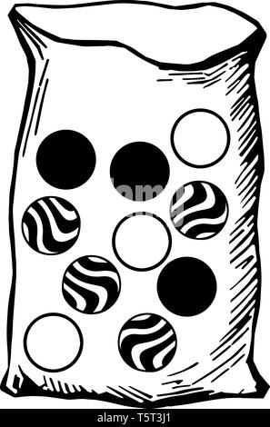 A bag contains ten marbles of the same size: three are identical white marbles; four are identical striped marbles and three black marbles, vintage li Stock Vector