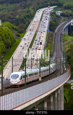 The Hallerbachtalbrücke, railway bridge, at Neustadt, Wied, Germany, along the A3 motorway, is a railway bridge at the kilometer 50 of the ICE high-sp Stock Photo