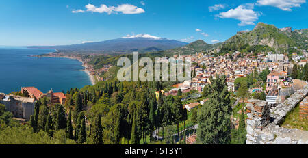 Taormina and Mt. Etna volcano in the bacground - Sicily. Stock Photo