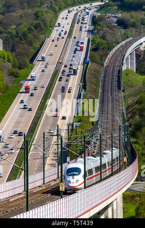 The Hallerbachtalbrücke, railway bridge, at Neustadt, Wied, Germany, along the A3 motorway, is a railway bridge at the kilometer 50 of the ICE high-sp Stock Photo