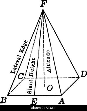 An image of a regular pyramid with a square base and a label on the side edge, inclined height, height and for all corners, vintage line drawing or en Stock Vector