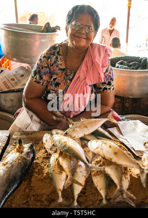 Vertical portrait of a lady selling fish at the wet market at Palayam in Trivandrum, Kerala, India. Stock Photo