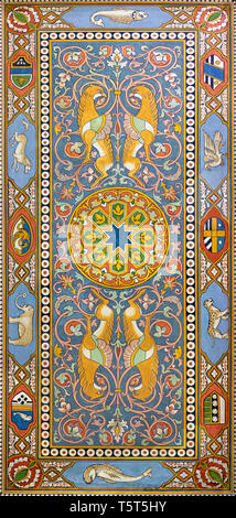 TAORMINA, ITALY - APRIL 9, 2018: The ceiling frescoes from hall of train station Giardini Naxos by Salvatore Gregorietti (1870 - 1952). Stock Photo