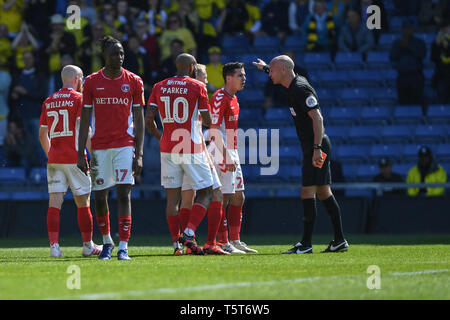 19th April 2019, Kassam Stadium, Oxford England; Sky Bet League One, Oxford United vs Charlton Athletic ; chris solly told to leave the pitch   Credit: Phil Westlake/News Images  English Football League images are subject to DataCo Licence Stock Photo