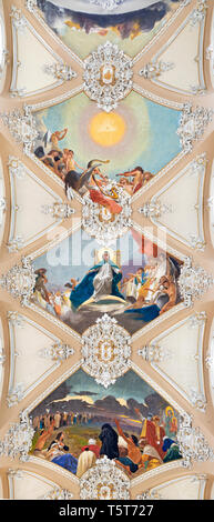 CATANIA, ITALY - APRIL 6, 2018: The ceiling fresco from life of Virgin Mary in church Basilica Maria Santissima dell'Elemosina by Giuseppe Sciuti. Stock Photo