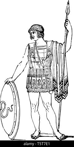 A Greek soldier holding a shield, vintage line drawing or engraving ...