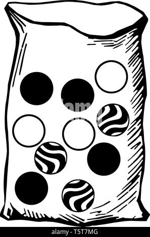 A bag contains ten marbles of the same size: three are identical white marbles; three are identical striped marbles and four black marbles, vintage li Stock Vector