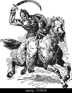 A soldier holding sword in hand and riding on horse, vintage line drawing or engraving illustration Stock Vector
