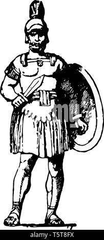 In this image there are two Roman soldiers. They are with the shield in their hands, vintage line drawing or engraving illustration. Stock Vector