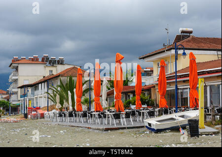 Empty outdoor cafe at the beach in Leptokaria, Macedonia, Greece Stock Photo