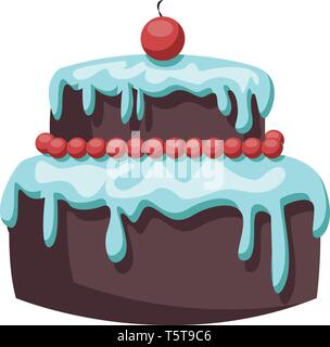 Brown cake with light blue icing and red cherry vector illustration on white background. Stock Vector
