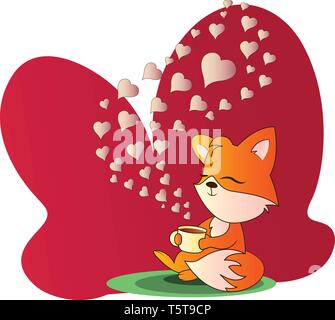 Orange and white fox sitting and drinking a cup of coffee vector illistration in red blob on white background. Stock Vector