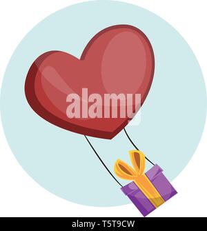 Purple gift box with yellow ribbon tied on a heart shaped red balloon vector illustrtation in light blue circle on white background. Stock Vector