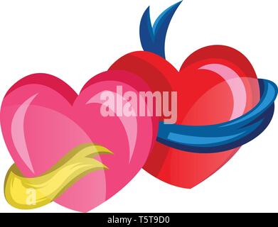 A pink heart with a yellow ribbon and a red star with a blue ribbon vector illustration on white background. Stock Vector