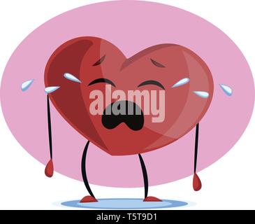 Big red heart crying vector illustration in violet circle on white background. Stock Vector