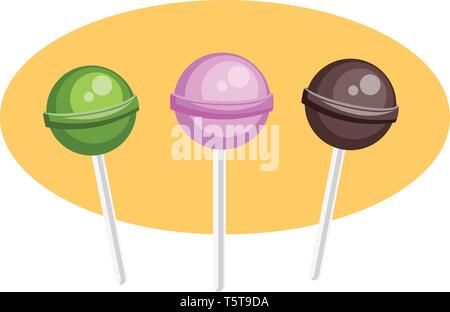 A green a violet and a brown lollipop vector illustration in yellow oval on white background. Stock Vector